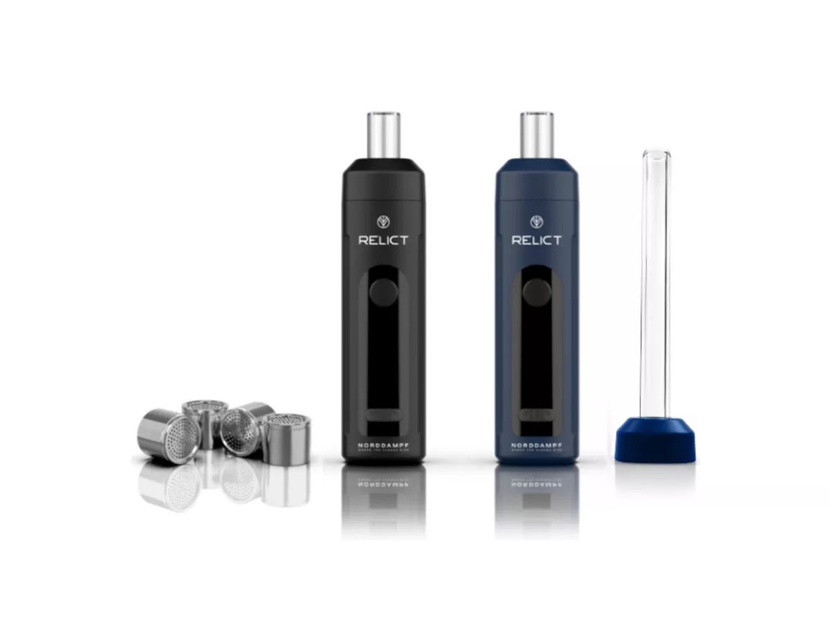RELICT Vaporizer in Schwarz und Blau mit Glasmundstück und Dosierkapseln