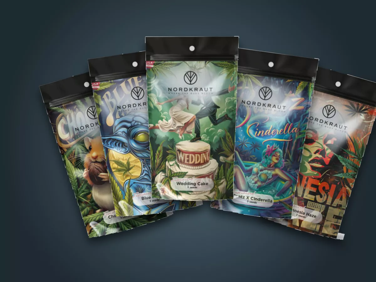 Fünf Nordkraut Seed-Bags mit bunten Motiven