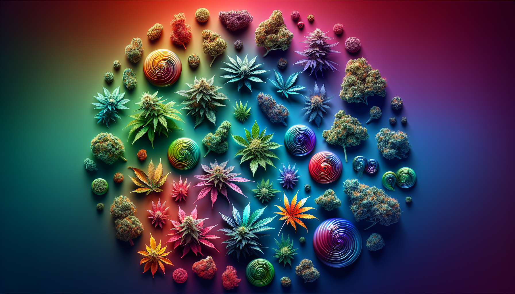Verschiedene Cannabisblüten in unterschiedlichen Farben und Größen