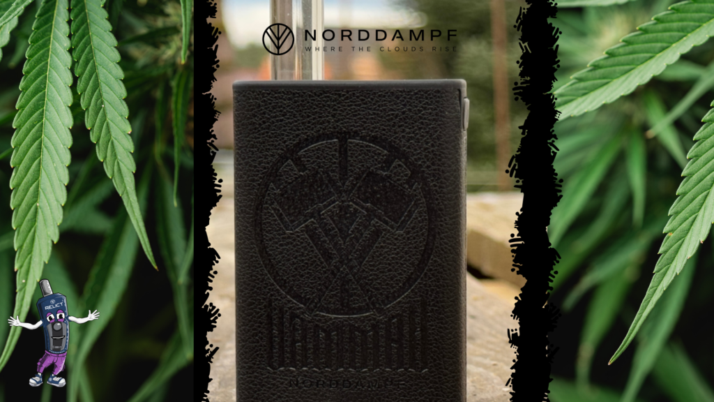 Vaporizer Hammah,im Hintergrund Cannabis Blätter.