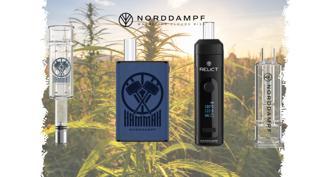 Norddampf Vaporizer Hammah und Relict mit Glaskammern vor Hanffeld bei Sonnenuntergang