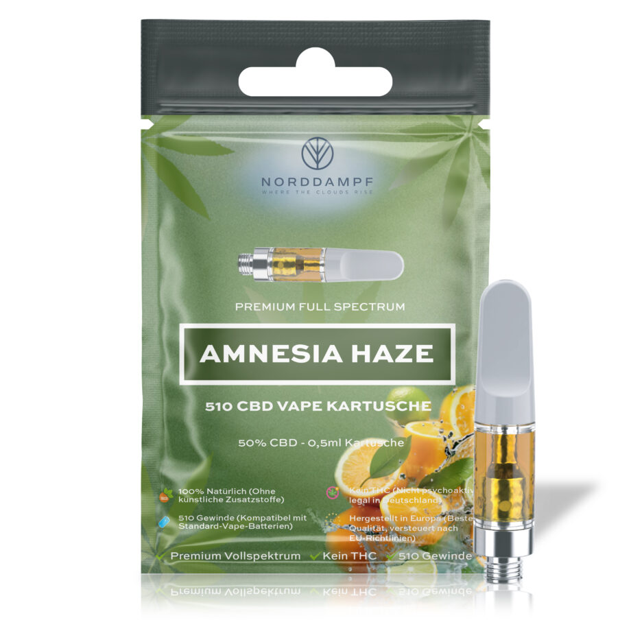 Norddampf AMNESIA HAZE CBD Kartusche 50 % – Vollspektrum, THC-frei, 0,5 ml, 510er Gewinde