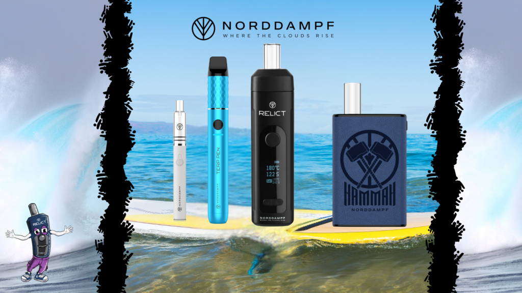 Norddampf Vaporizer Hammah, Relict, Terp Pen und Darp Pen vor Ozeanwellen
