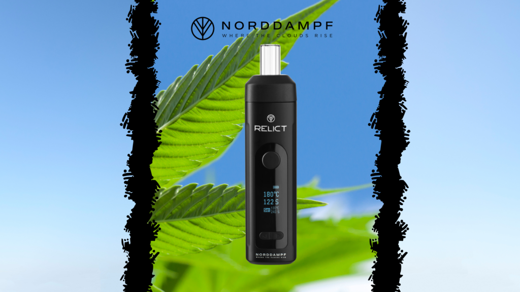 Vaporizer Relict auf einem Blatt stehend mit blauem Hintergrund