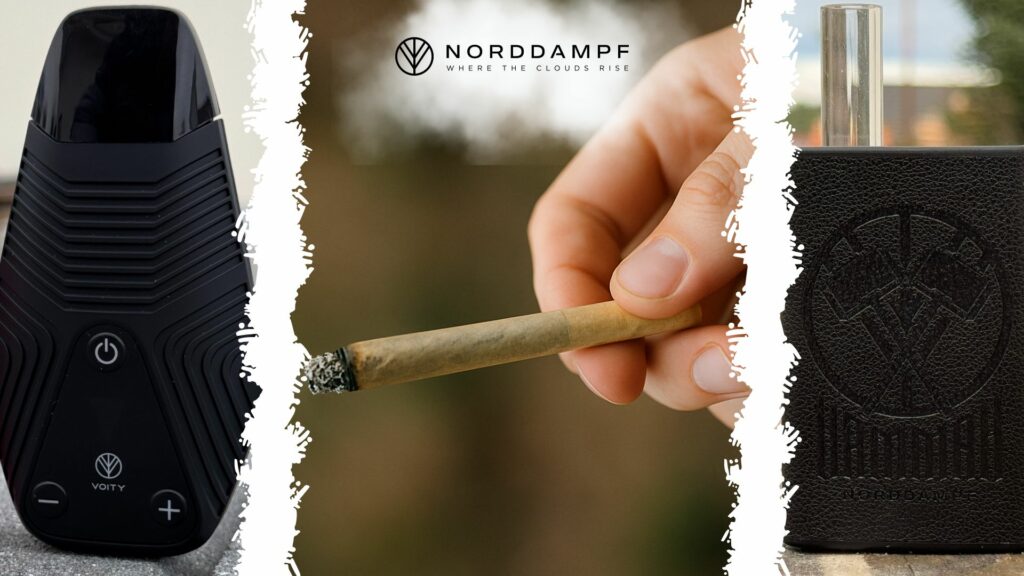 Vaporizer vs. Joint Titelbild it einem Joint und Norddampf Logo