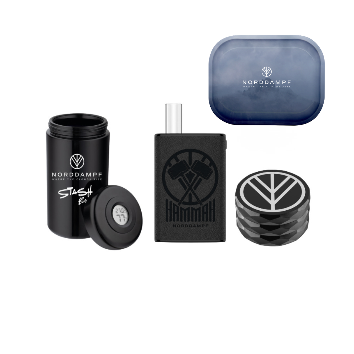 Rolling tray, grinder, HammaH vaporizzatore, Mironglass con protezione UV e igrometro.