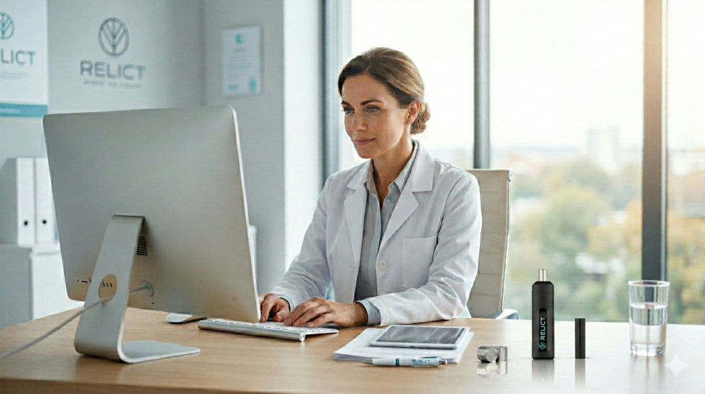 Eine Ärztin prüft den Onlinerezeptantrag eines Patienten, daneben steht der RELICT Vaporizer von Norddampf