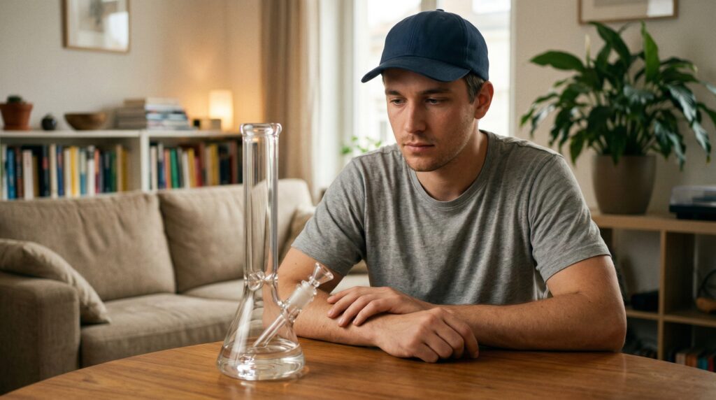 Der Mann überlegt gerade über seinen Cannabiskonsum und hofft dass er seine Abhängigkeit in den Griff bekommt.