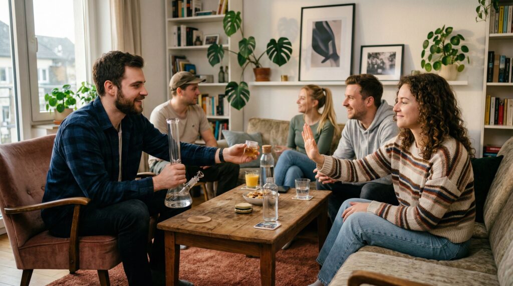 Eine Gruppe von Leuten hat einen entspannten Mittag, eine Frau lehnt die den Konsum von Rosin ab.