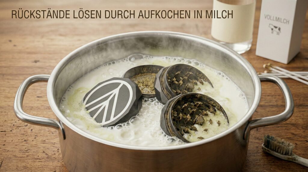 Norddampf Grinder in Milchbad gereinigt. Milch löst Fette und Harzrückstände des Grinders