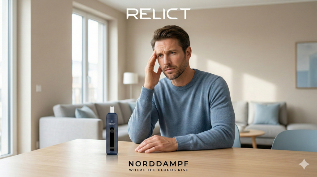 Mann mit starker Migräne sitzt vor seinem Relict Vaporizer und erhofft sich eine Besserung mit Cannabis über ein Onlinerezept