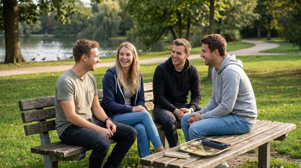Eine Gruppe chillt im Park. Auf dem Tisch ist ein Rollingtray und Longpapes zu sehen. Auch der Relict Vaporizer liegt in dem Rollingtray. 