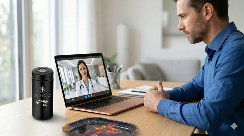 Ein Patient mit der Stashbox für Blüten von Norddampf im Onlinegespräch mit dem Arzt