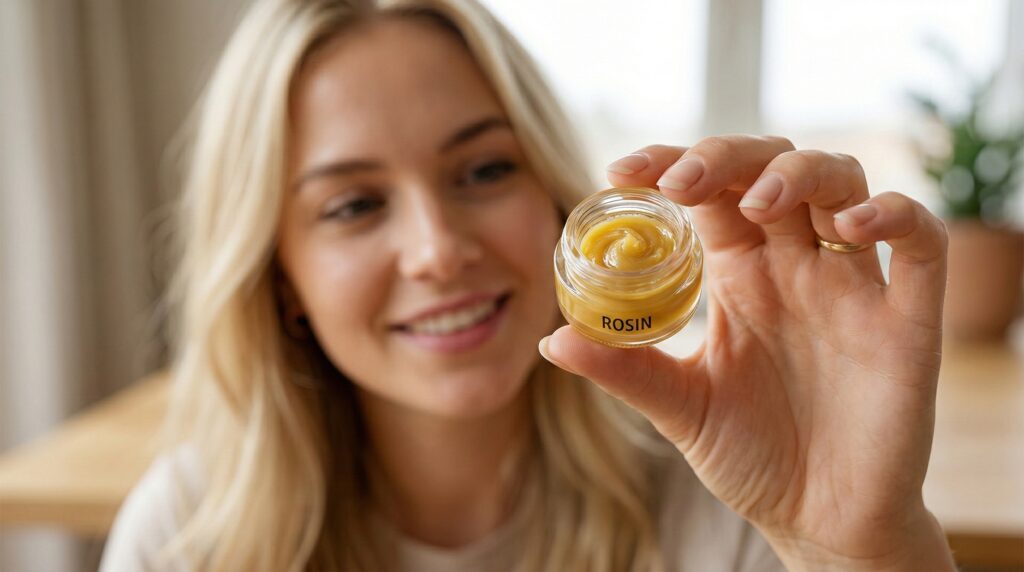 Eine Frau hat ihre Blüten extrahiert und zeigt ihr Rosin.