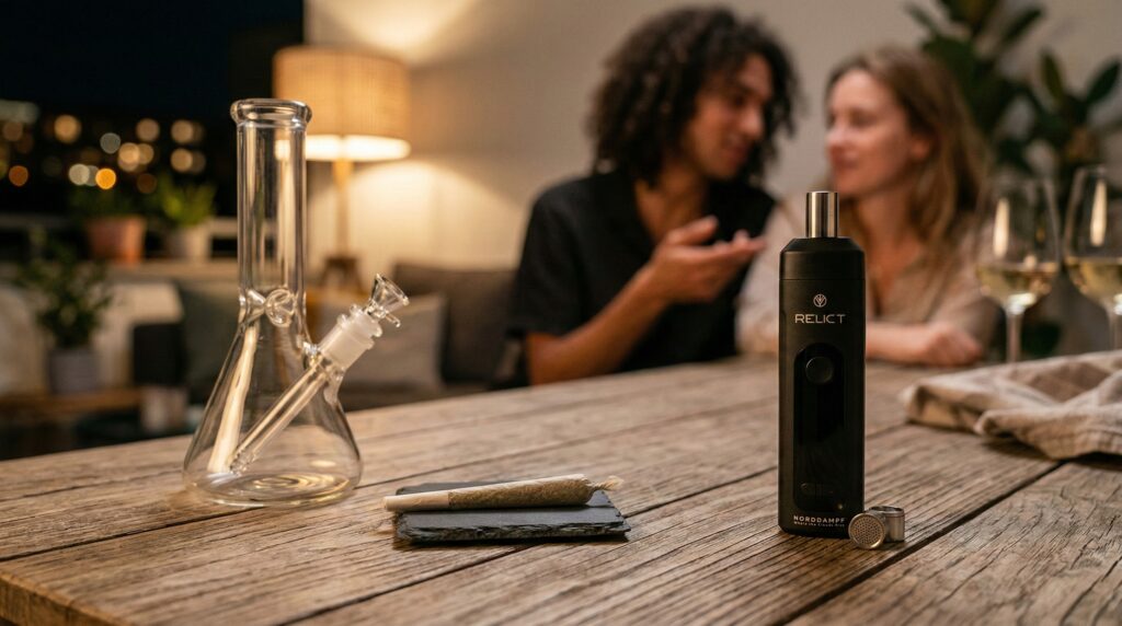 Ein Pärchen sitzt entspannt zuhause und haben eine Bong, einen Joint und den  Relict Vaporizer auf dem Tisch stehen.