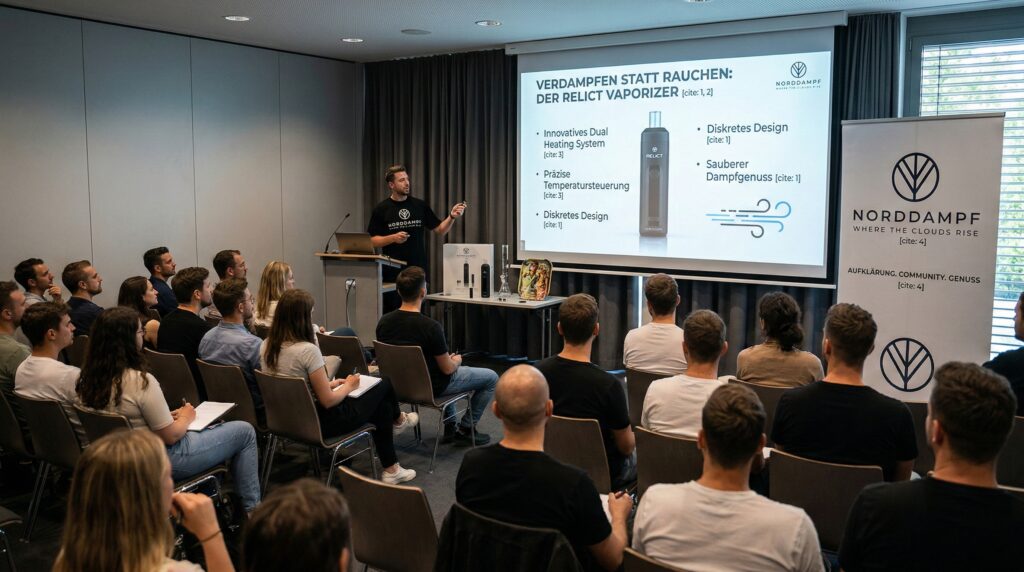 Ein Norddampf Mitarbeiter hält ein Seminar über die Konsumarten. Zusehen ist auf dem Bild der Relict Vaporizer. Die Menge hört aufmerksam zu.