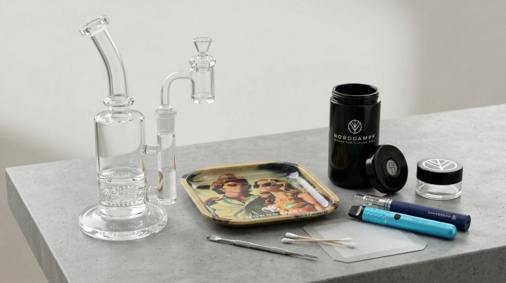 Eine Rig mit Norddampfprodukten wie die Stashbox für Blüten, Extraktverdampfer Terp Pen und Dab Pen mini sowie ein Rollingtray sind auch auf dem Bild zu erkennen.