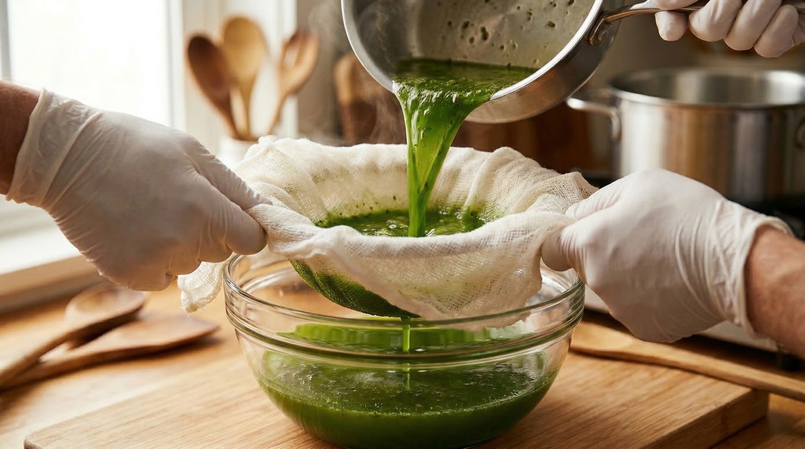 Cannabutter durch Käsetuch filtern – Herstellungsprozess der Cannabis Butter.