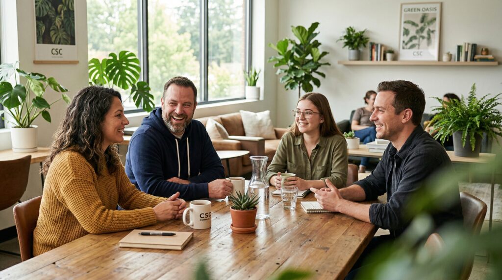 Mitglieder des Cannabis Social Clubs haben eine Besprechung zum Ablauf.