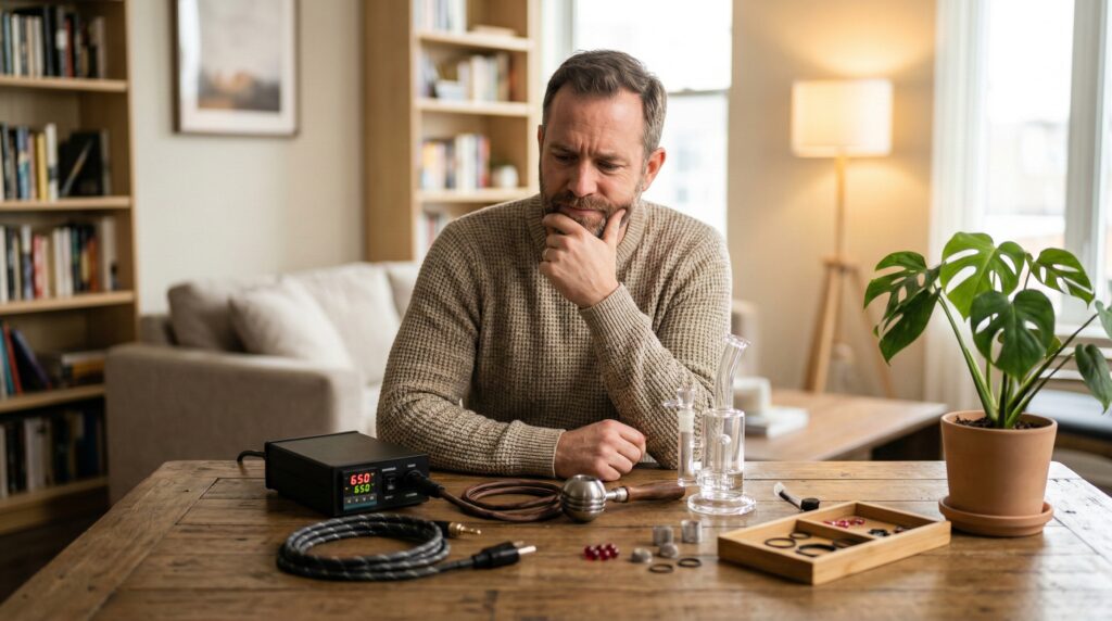 Ein Mann sitzt vor seinem Ballvape und überlegt, wo er diesen richtig platzieren und verstauen kann.