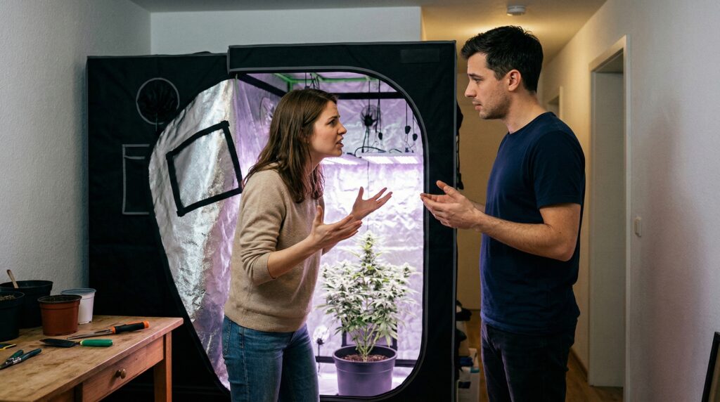 Eine Frau streitet mit ihrem Mann, da sich bei ihm alles nur noch um Cannabis dreht.