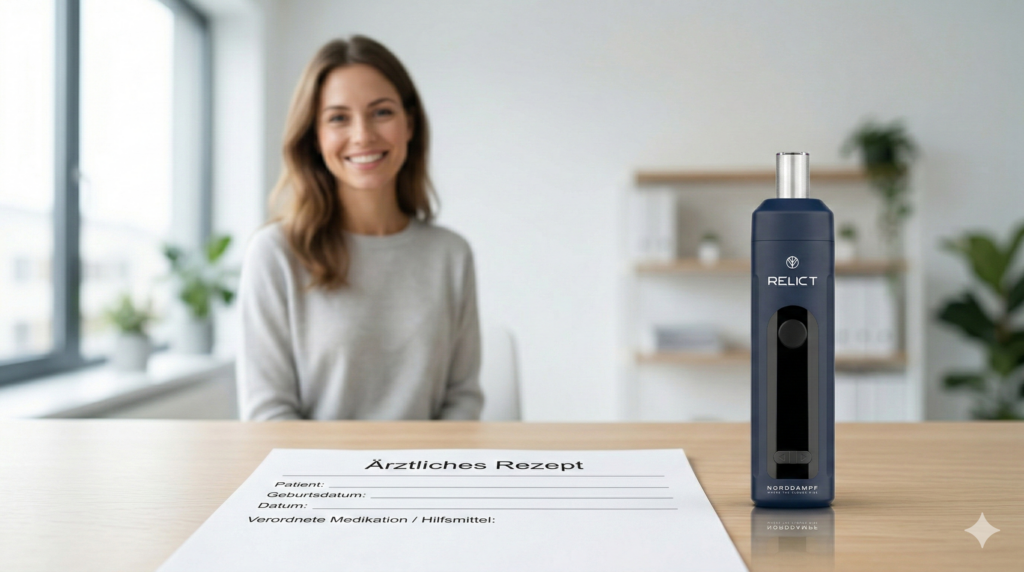 Glückliche Cannabispatientin mit ihrem Rezept und Relict Kräuterverdampfer