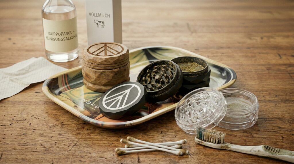 Verschiedene Grindertypen. Holzgrinder, Plastikgrinder, Aluminiumgrinder