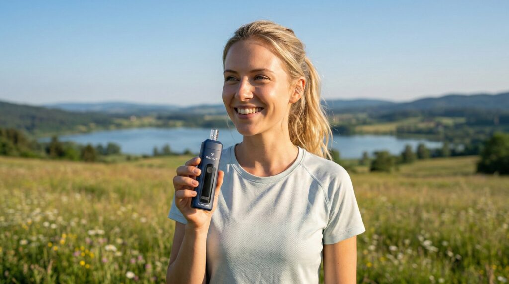 Eine Frau fühlt sich frei mit ihrem Relict Vaporizer und kann ihn auch draußen nutzen.