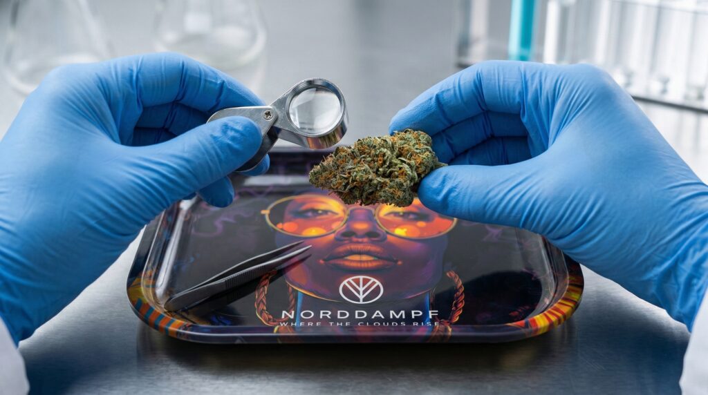 Eine Blüte wird auf Verunreinigung geprüft, im Hintergrund ist das Rollingtray von Norddampf zusehen.