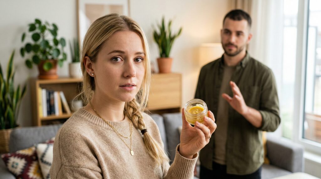 Eine Frau die ein Rosin Glas in der Hand hat und ihr Freund warnt sie vorsichtig zu sein.