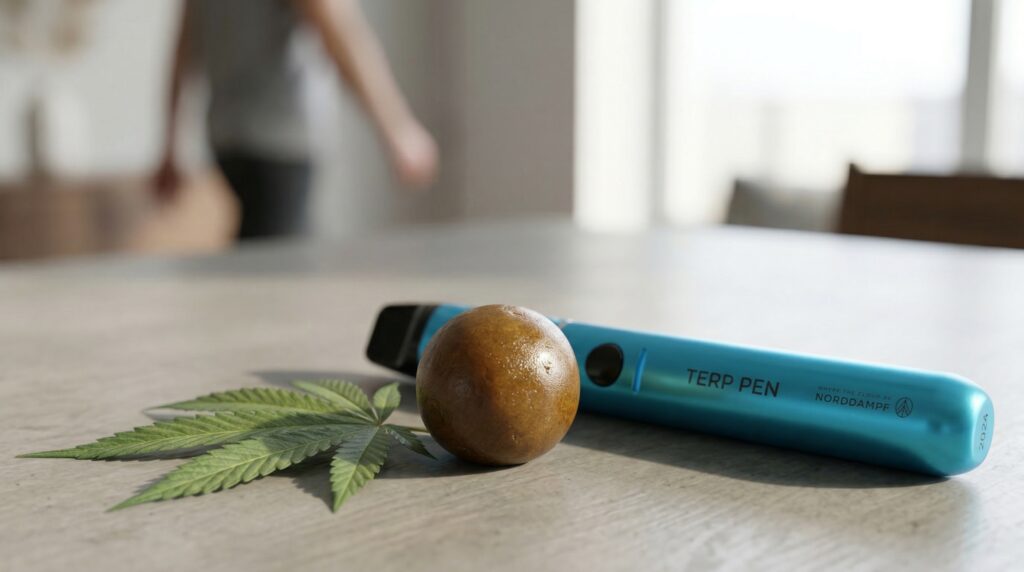 A bubble hash ball and a Terp Pen the table. A cannabis leaf is also lying there. A person is walking in the background. Norddampf also Norddampf equipment for extracts and hash.