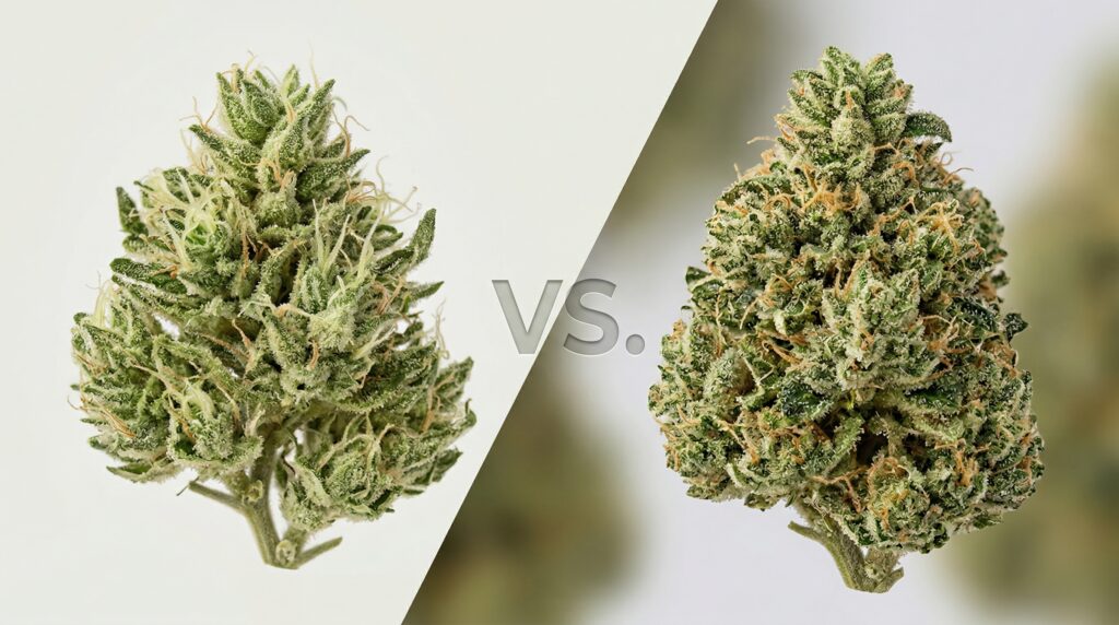 Zwei Cannabisblüten. Links sieht man CBG und rechts CBD im Vergleich