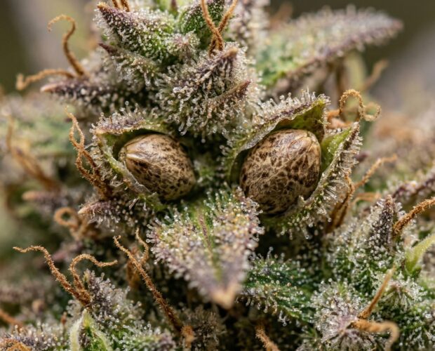 eine Cannabisblühte mit Samen, die von einer Bestäubung entstanden sind