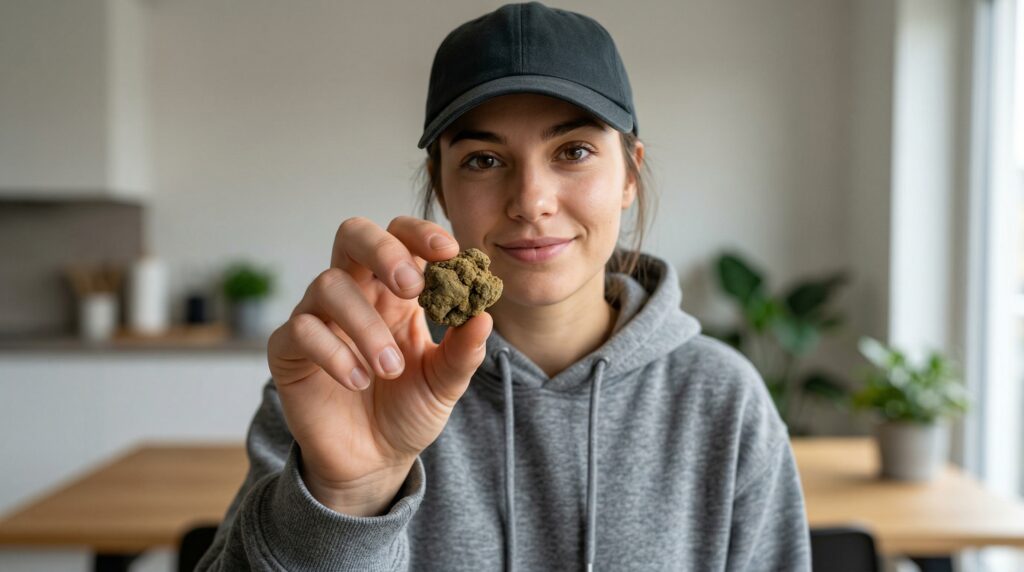 A woman shows the camera the hashish she made herself. 