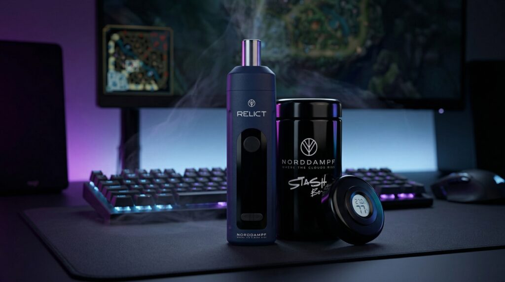 Relict Norddampf Relict on the table next to the Stashbox. A gaming desk with a PC is visible. 