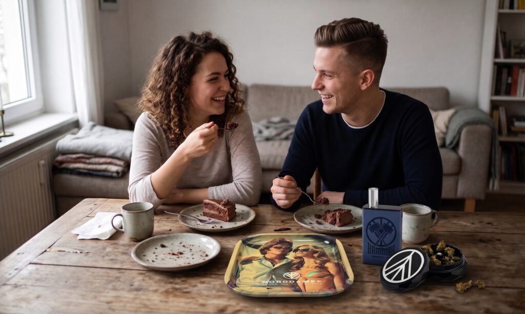 Ein Paar genießt ihre Edibles. Der Hammah Vaporizer sowie Zubehör ist auf dem Tisch ebenfalls zu sehen. 