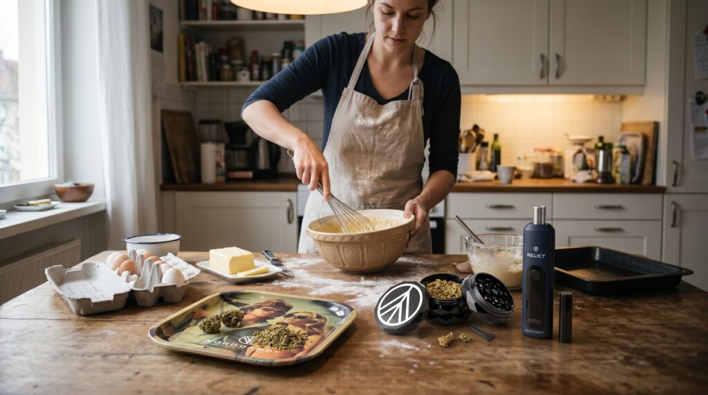 Eine Frau macht gerade in ihrer Küche Space Cake. Auf dem Tisch sehen wir alle erfoderlichen Zutaten, sowie den Norddampf Grinder und den Relict Vaporizer. 