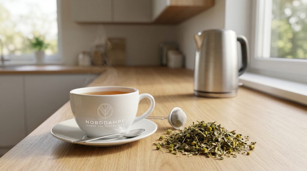 Eine Tasse von Norddampf steht auf dem Küchentisch. Hier wird der Damiana Tee vorbereitet.