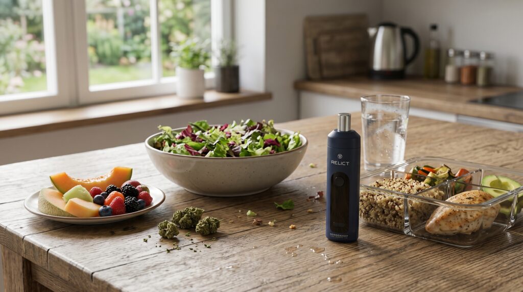 Ein gesund gedeckter Tisch mit einem Relict Vaporizer von Norddampf ist zu sehen. 