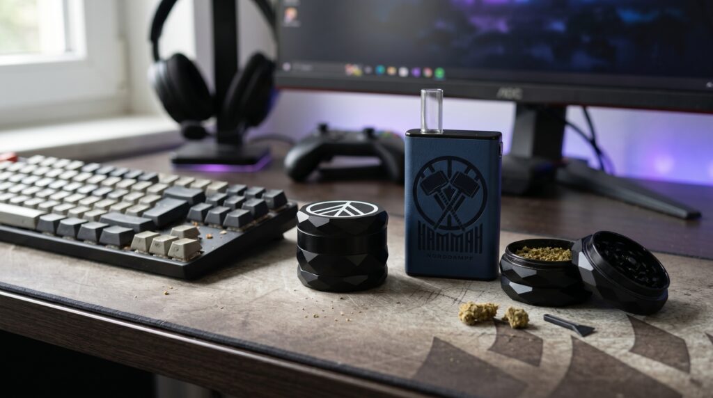 Auf einem Gamingtisch ist der HammaH Vaporizer von Norddampf mit dem 4 teiligen Grinder.