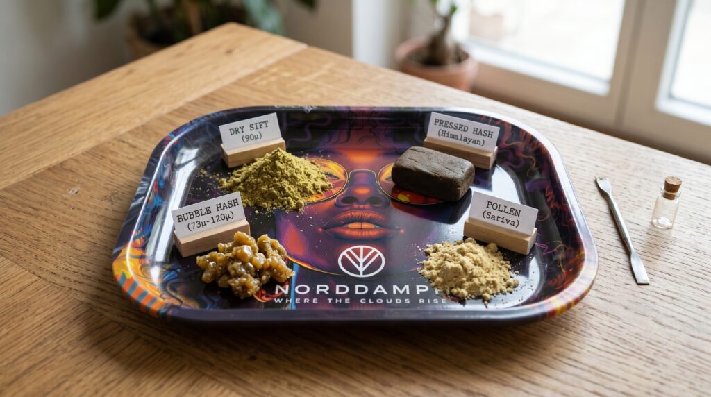 Verschiedenen Hascharten. Je nach Herstellungsart, wird das Endprodukt anders bezeichnet. Auf dem Bild ist Dry Sift, Bubble Hash uvm. gezeigt. Alles schön sortiert auf dem Norddampf Rollingtray