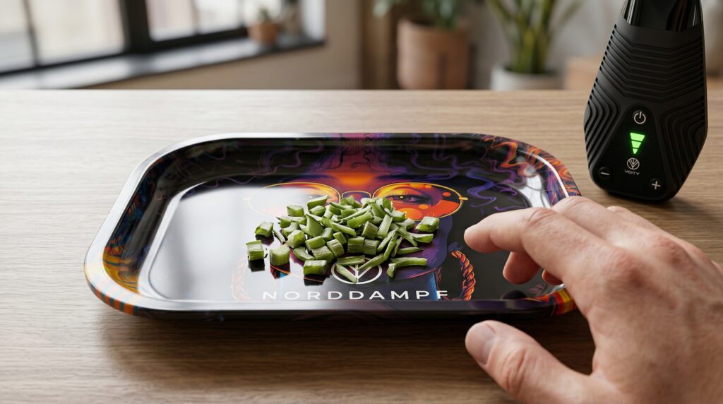 Finely chopped kanna lies on the Norddampf rolling tray. In the background is the Voity .