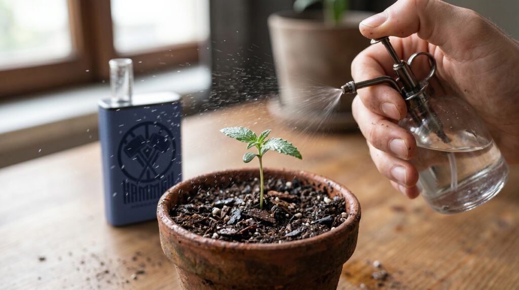 The cannabis plant (seedling) is not watered at first; instead, the soil is moistened with a spray bottle to prevent overwatering. The Hammah is in the background. 
