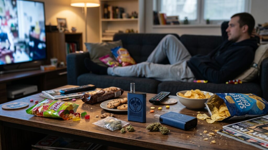 Ein Mann entspannt auf dem Sofa. Der Tisch ist voll von Süßigkeiten. Man erkennt auch den Hammah Vaporizer von Norddampf. THC kann Fressattacken erzeugen, THCV hingegen, mindert den Appetit. 