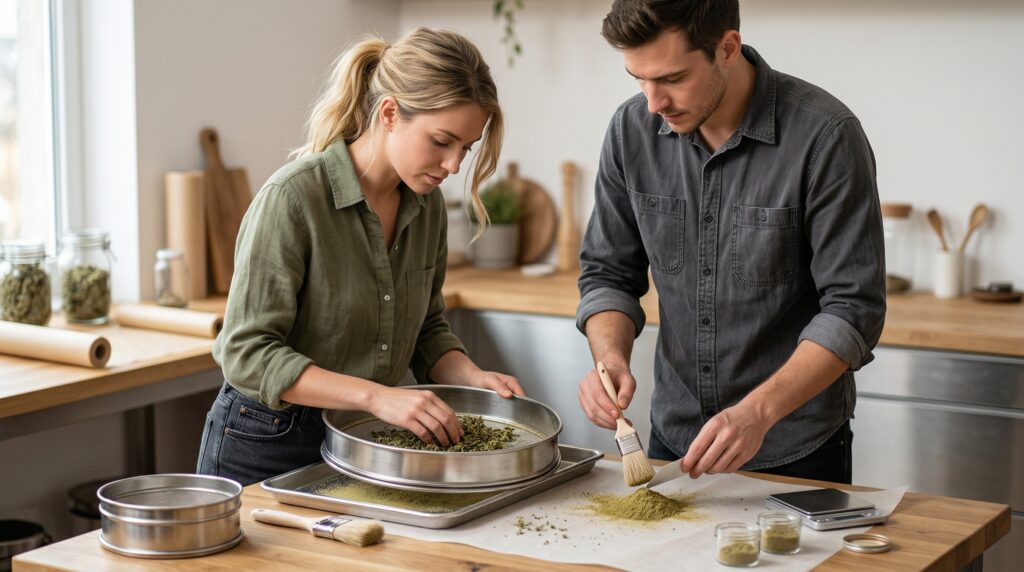 A couple works together to make hashish from pine resin. The process involves separating the trichome heads from the leaves, and the fine powder is then pressed into hashish.