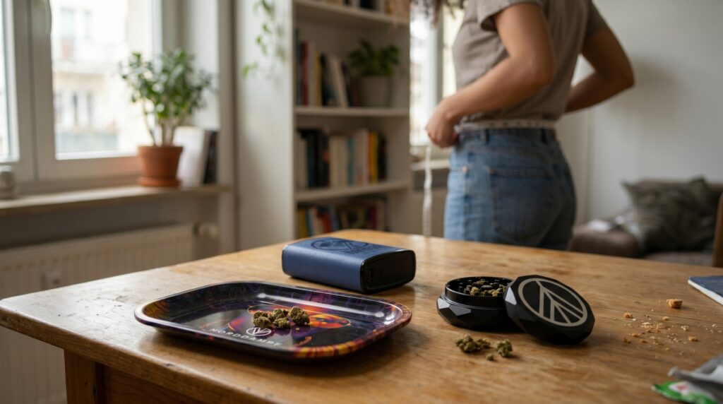 Eine Frau misst ihren Bauumfang nach der medizinischen Therapie von Cannabis mit einem hohen THCV Anteil. Auf dem Tisch sieht man ein Rollingtray, Grinder und den Vaporizer von Norddampf. 