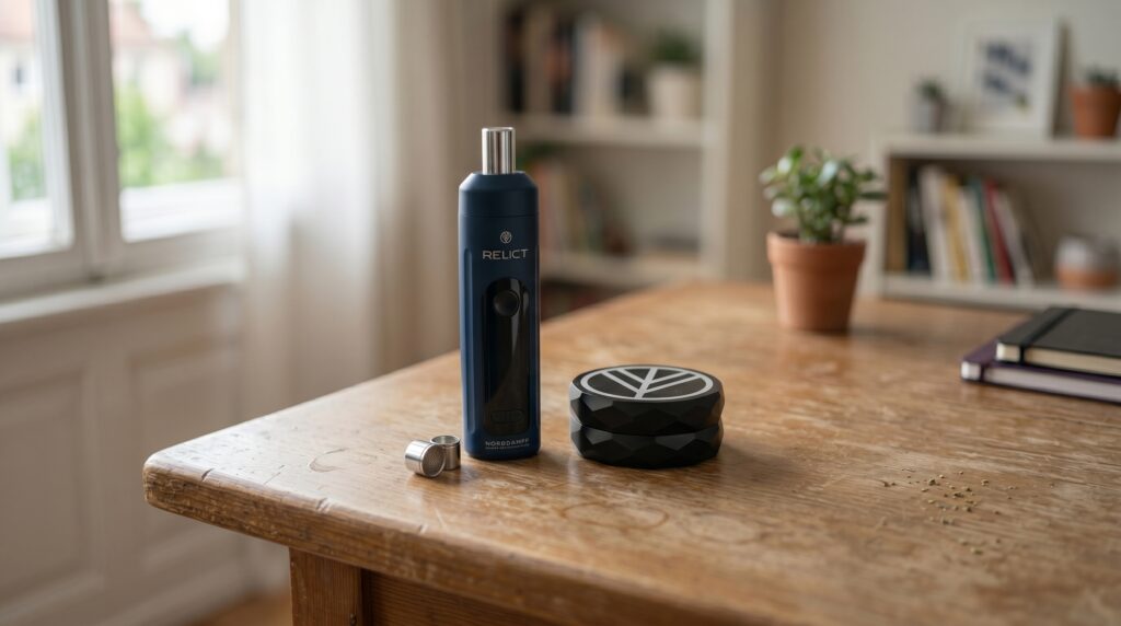 Relict Vaporizer auf dem Schreibtisch mit dem 2 teiligen Grinder von Norddampf