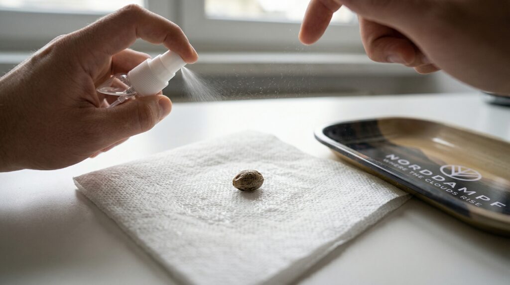 Cannabissamen wird auf einem Tuch befeuchtet. Hinten sieht man das Rollingtray von Norddampf