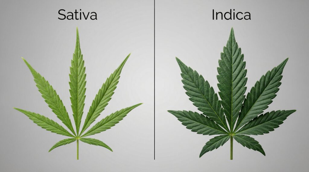Not only the plant's height but also the shape of its leaves can provide information about whether it is Sativa or Indica. Sativa leaves tend to be long and narrow, whereas Indica leaves are usually broad.