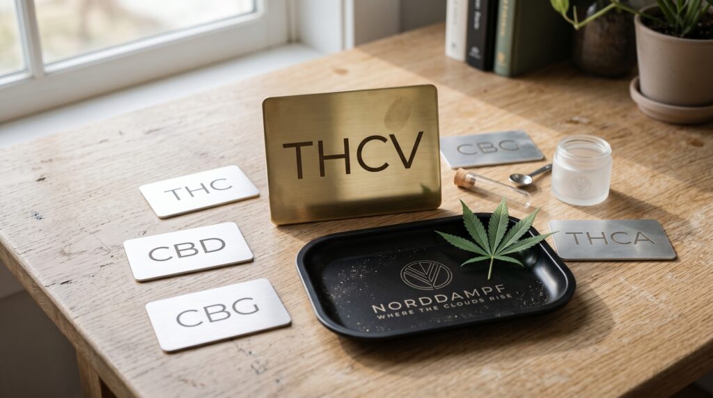 Auf dem Bild sind verschiedene Cannabinoide abgebildet. Im Fokus steht THCV vor dem Norddampf Rollingtray. 
